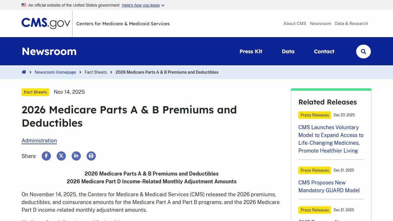 2026 Medicare Parts A & B Premiums and Deductibles | CMS